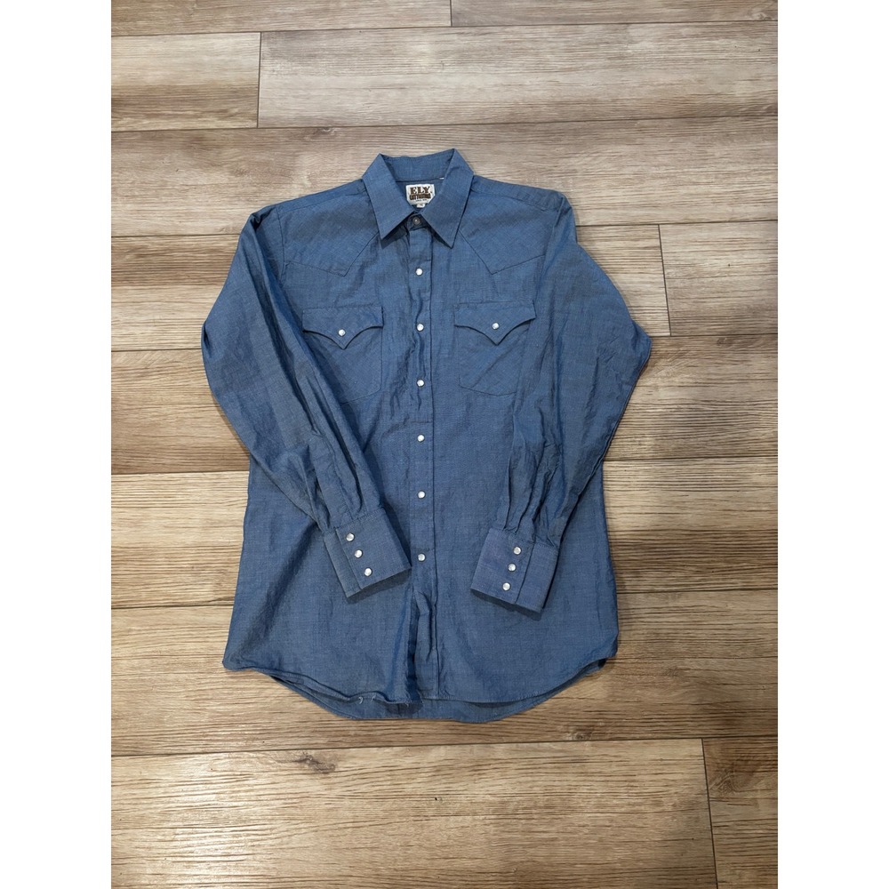 Vintage Ely Cattleman Mens Blue Western Pearl Snap Shirt M Cowboy Chambray